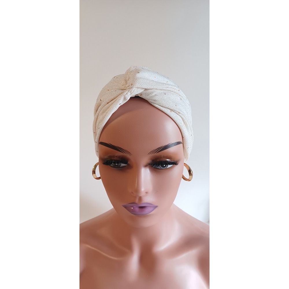 Ivory Glitter Shimmer Stretch Turban Headpiece Front Twist Hijab Cap Modest